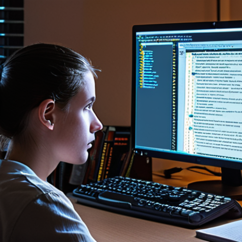 **

A focused student at a desk, illuminated by a laptop screen displaying Linux command lines. Books on Linux system administration and scripting are stacked nearby. The setting is a comfortable study area.

**